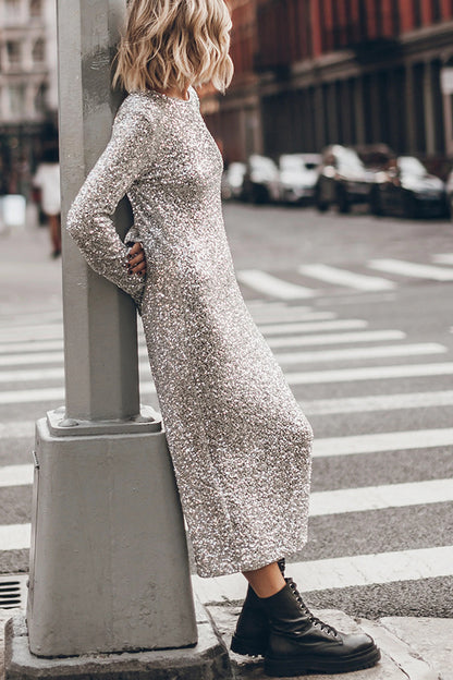 Simple Sequin Long Sleeve Dress - Shiny Cut-Out Back Winter Dress