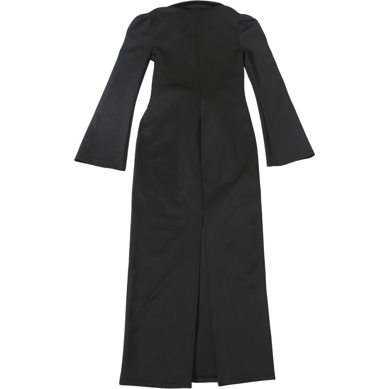 TGC “Céleste” Collared Maxi Dress | Slim Fit Lace-Up Waist & Front Split Elegance