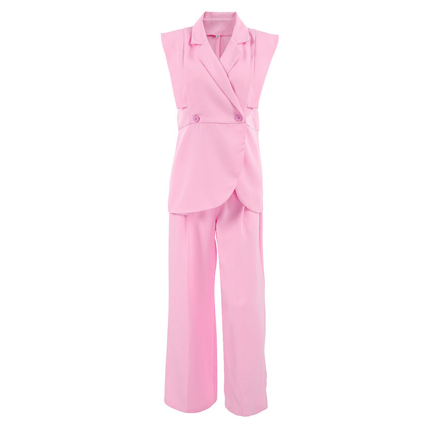 TGC “Blush Balance” Summer Set | Pink Sleeveless Collared Waistcoat & Wide Leg Pants | Casual Office Chic