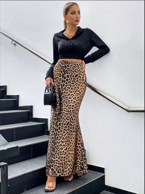 TGC FASHION 2024 Fashion Fall Outfits, Satin Maxi Leopard Fishtail Skirt