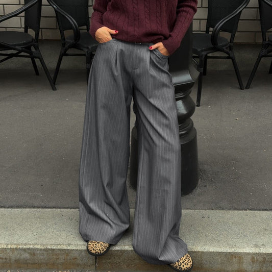RetroStripe High Waist Straight Work Pants – Office Casual Women's Trousers