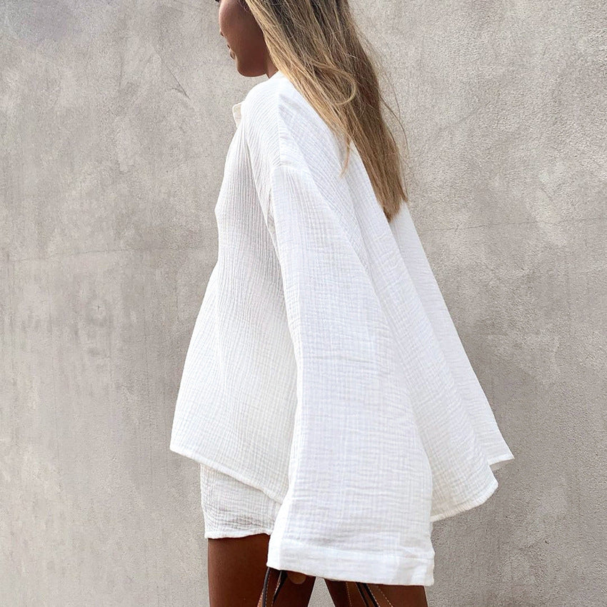2024 Summer Outfits | White Cotton Comfort Long Sleeve Shirt Shorts Outfits 2-piece Set SIZES S-L