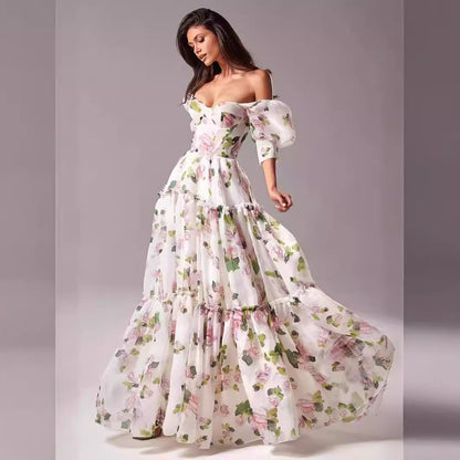 Spring Dresses 2024 | Elegant Ruffles Off Shoulder Floral Organza Maxi Spring Dress