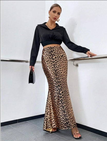 TGC FASHION 2024 Fashion Fall Outfits, Satin Maxi Leopard Fishtail Skirt