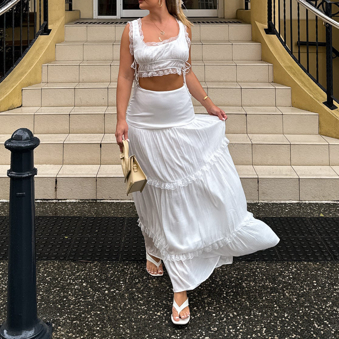 Summer Outfits 2024 | White Lace Crop Top High Waist Ruffles Maxi Skirt Outfit 2-piece Set