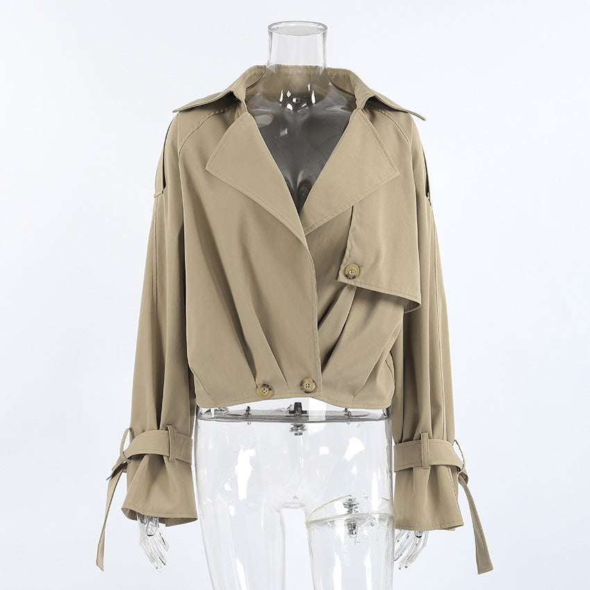 TGC “Autumn Edit” Khaki Trench Coat | Double-Breasted Short Casual Cropped Jacket