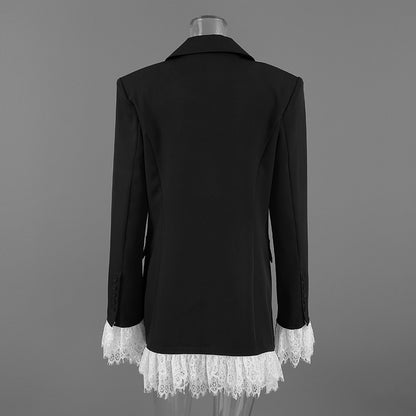 TGC “Noir Grace” V-Neck Lace Blazer | Black Single-Breasted Office Elegance