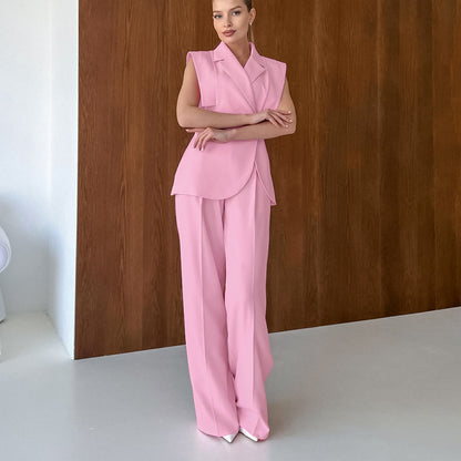 TGC “Blush Balance” Summer Set | Pink Sleeveless Collared Waistcoat & Wide Leg Pants | Casual Office Chic