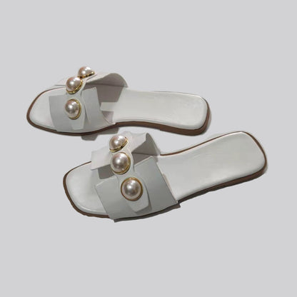 [The Eden Pearl Slide] | Elegant Flat Slippers with Oversized Pearls | Lightweight Beach to Brunch Sandals by TGC – Trust God Claudia