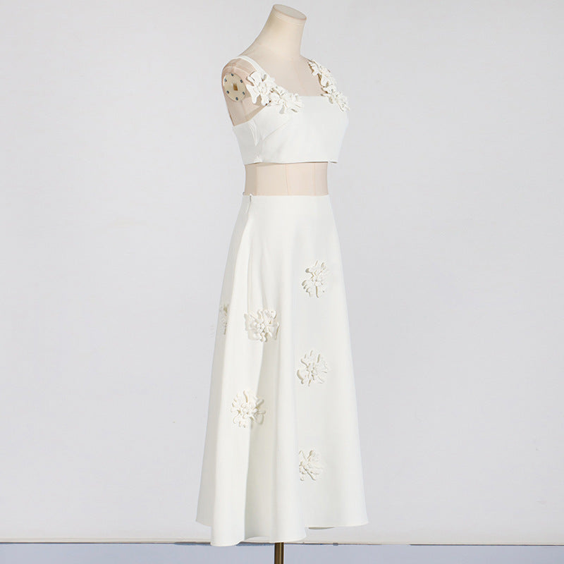 [Fleur Élevée Set] | Sexy 3D Floral Strap Crop Top & High Waist Midi Skirt – Elegant Summer Two-Piece by TGC