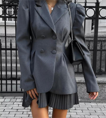 TGC “Heartline” Mini Suit Set | Long Sleeve Collared Blazer & Skirt in Pink, Dark Gray, Light Gray