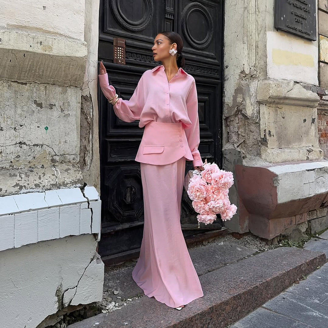 TGC “Grace Seal” 3-piece Set | Pink, Black Collared Shirt, Waist-Belt & Maxi Skirt | Fall Office Elegance