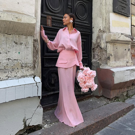 TGC “Grace Seal” 3-piece Set | Pink, Black Collared Shirt, Waist-Belt & Maxi Skirt | Fall Office Elegance