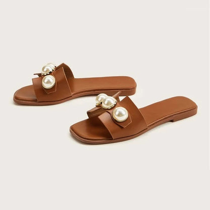 [The Eden Pearl Slide] | Elegant Flat Slippers with Oversized Pearls | Lightweight Beach to Brunch Sandals by TGC – Trust God Claudia