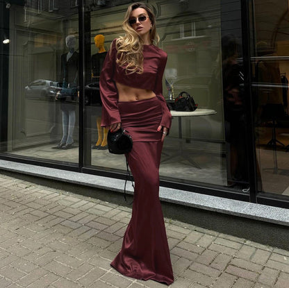 Winter Outfit | Burgundy Long Sleeve Cropped Top & Satin Draping Skirt Set