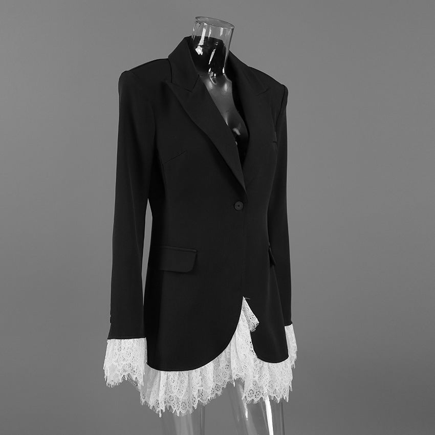 TGC “Noir Grace” V-Neck Lace Blazer | Black Single-Breasted Office Elegance