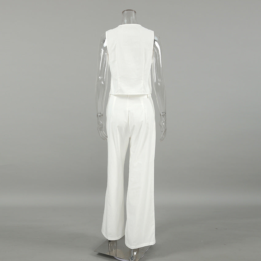 Summer Outfits 2024 | White Cotton Elegant Business Casual Vest Wide Leg Pants Outfit 2-piece Set