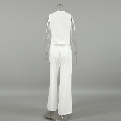 Summer Outfits 2024 | White Cotton Elegant Business Casual Vest Wide Leg Pants Outfit 2-piece Set