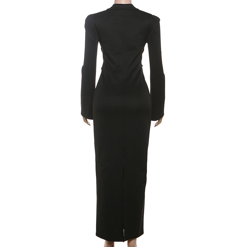 TGC “Céleste” Collared Maxi Dress | Slim Fit Lace-Up Waist & Front Split Elegance