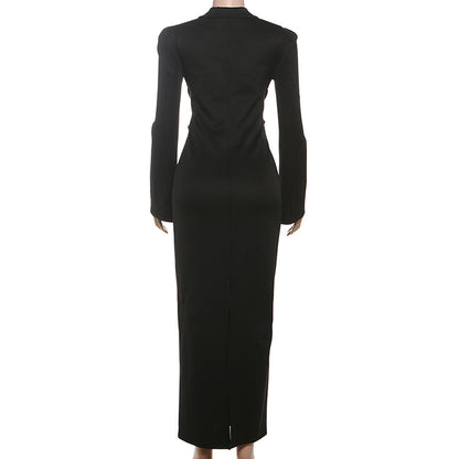 TGC “Céleste” Collared Maxi Dress | Slim Fit Lace-Up Waist & Front Split Elegance
