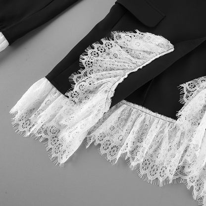 TGC “Noir Grace” V-Neck Lace Blazer | Black Single-Breasted Office Elegance