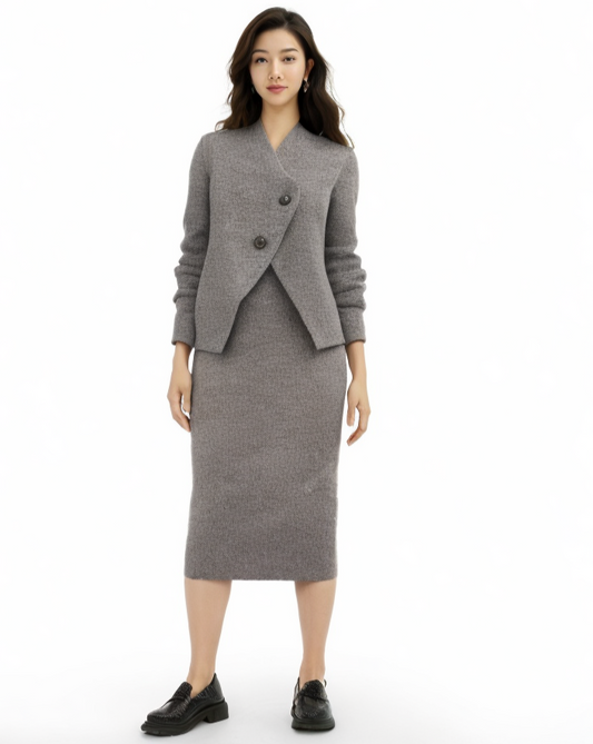 Winter Outfits | Elegant Gray Knitted Cardigan Coat Maxi Skirt Outfit