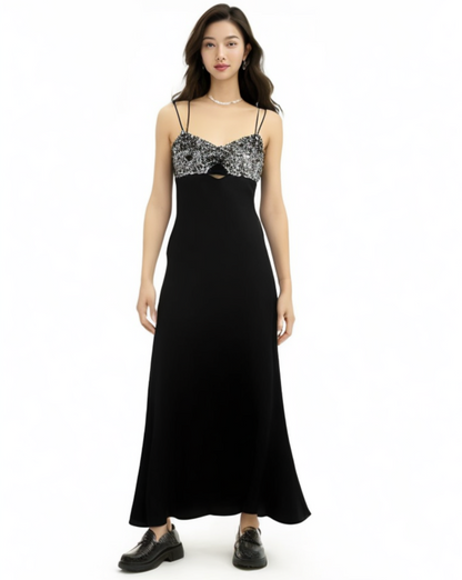 Elegant Dresses | Silver Sequined Black Maxi Satin Dress