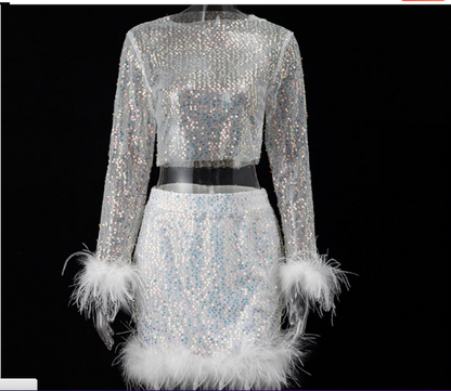 2023 Fashion Trends | Chic Feathers Glitter Aesthetic Crop Top & Mini Skirt Outfit 2-piece Set