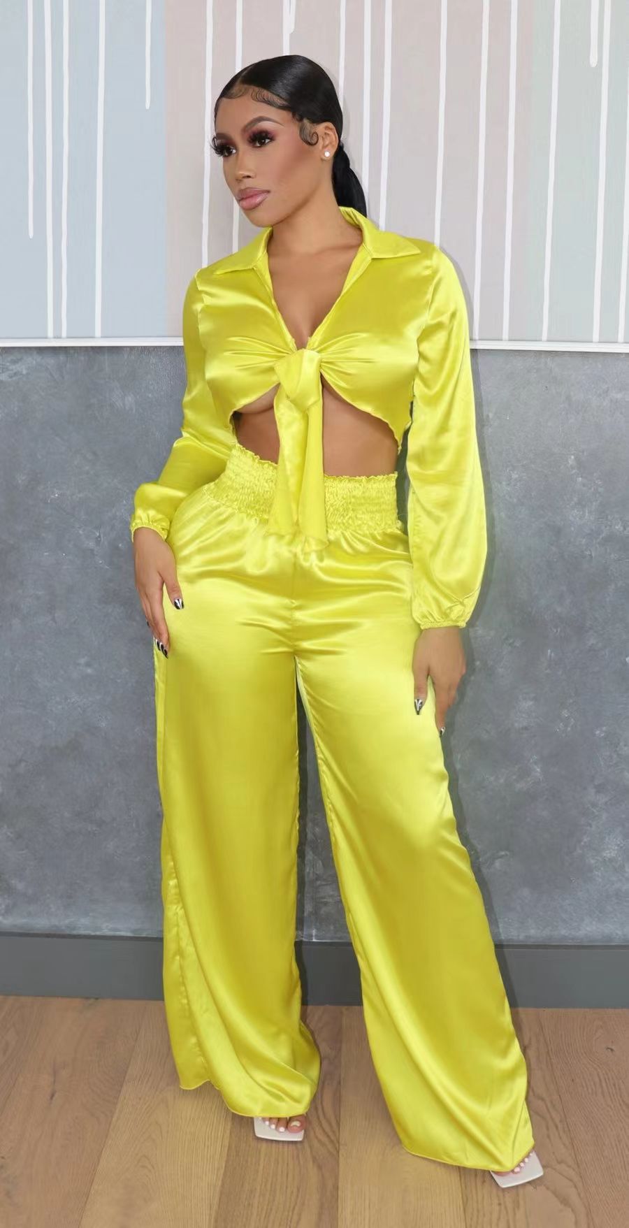 Fashion Outfits | Neon Aesthetic Front Tie Crop Top High Waist Wide Leg Pants Outfit 2-piece Set