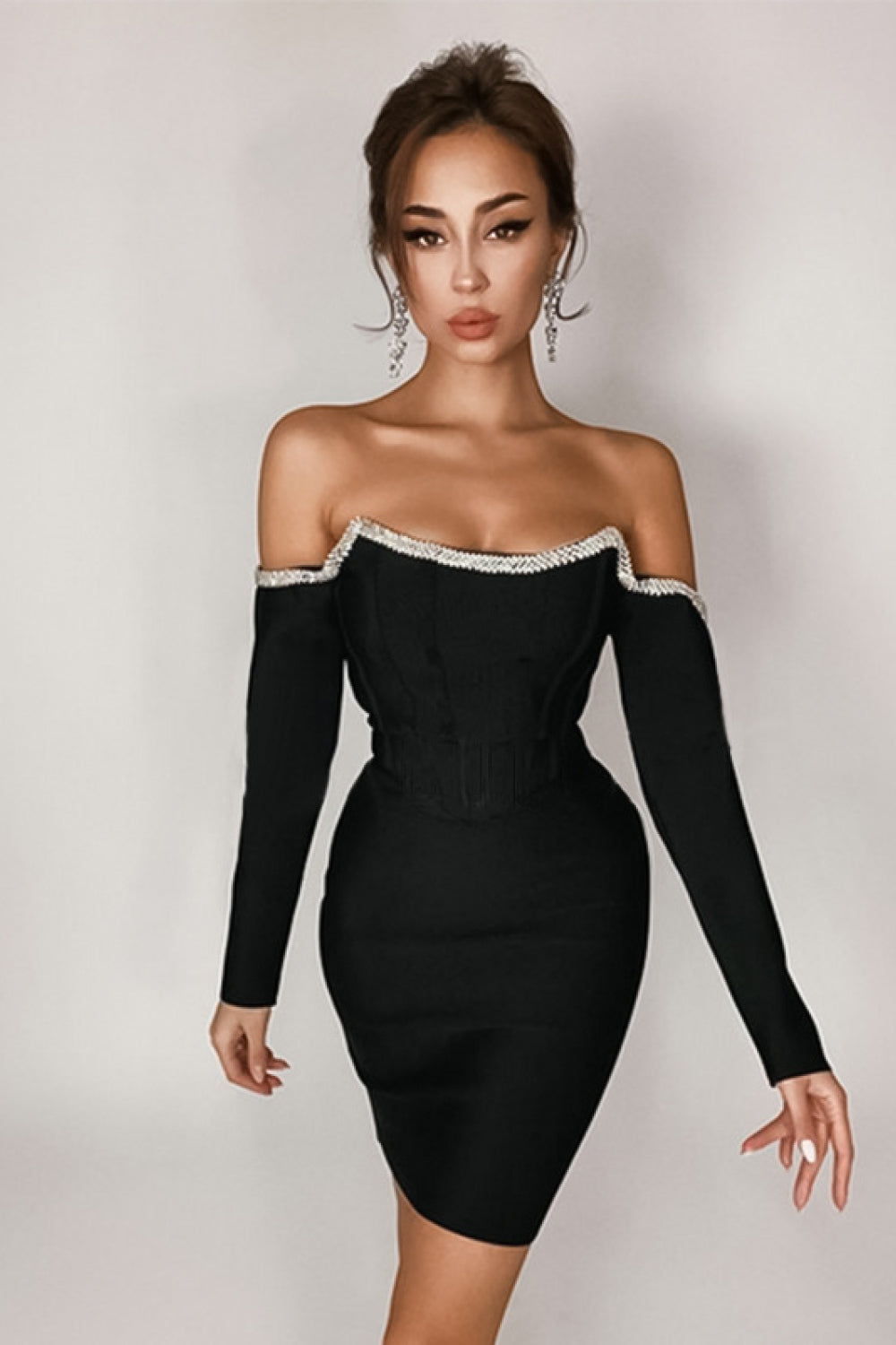 2023 Fashion Trends | Glitter Off-Shoulder Long Sleeve Mini Dress with Rhinestone Detail