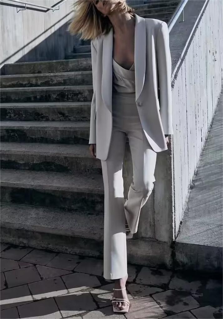 Fall Outfits Women | Minimalist Silk Blazer High Waist Trouser Outfit 2-piece Set