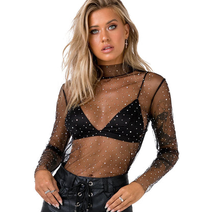 Chic Outfits | Glitter Aesthetic Sequined Shiny Mesh Turtleneck Top