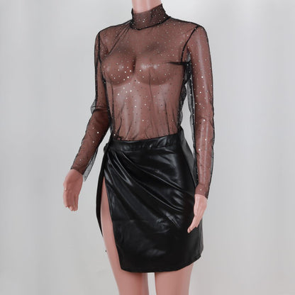 Chic Outfits | Glitter Aesthetic Sequined Shiny Mesh Turtleneck Top