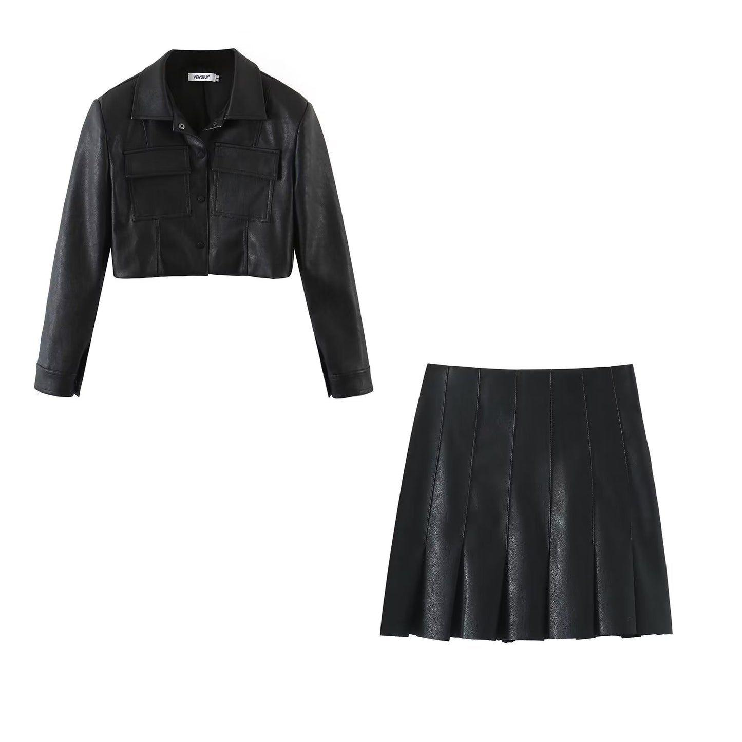 Leather Outfits | Black Aesthetic Leather Skirt & Cropped Leather Jacket Outfit 2-piece set