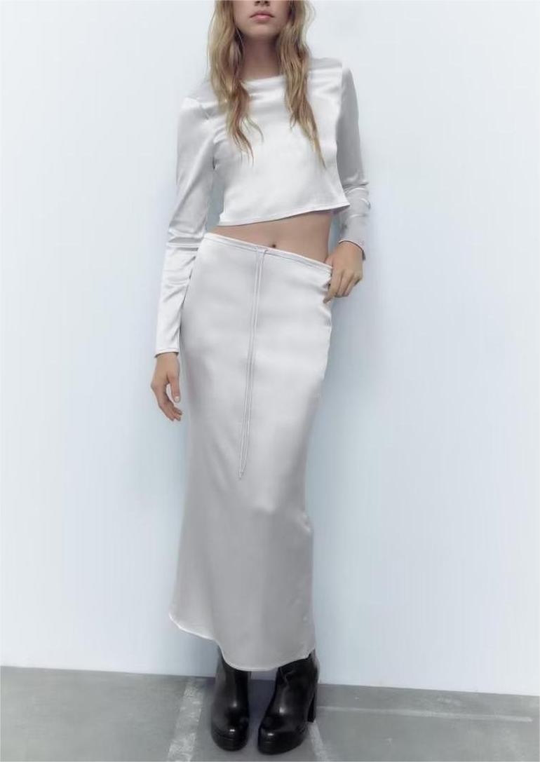 Fall Outfits | Clean Girl Aeshetic Silk Crop Top Skirt Outfit 2-piece Set