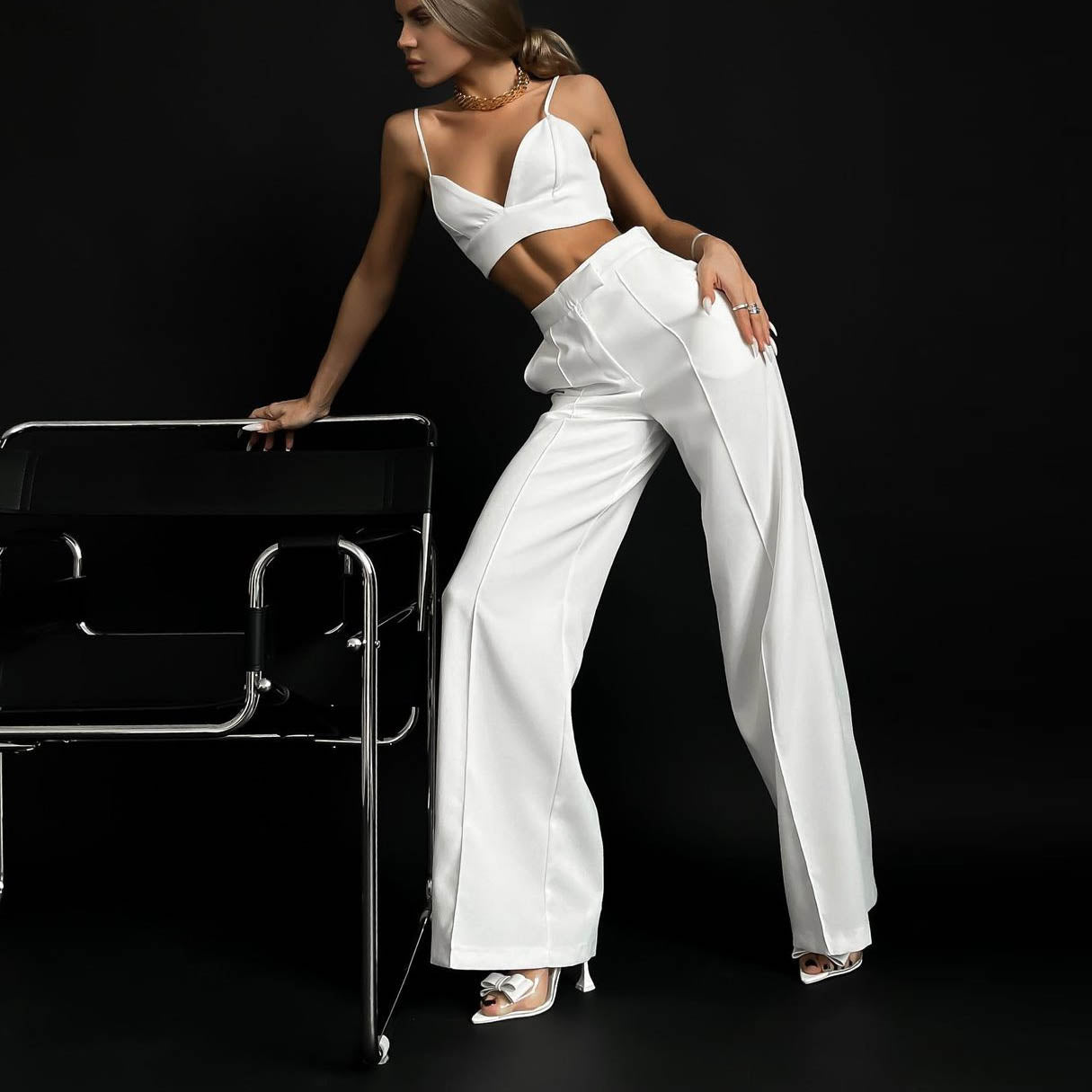 2023 Fashion Trends Blazer Outfits | Blazer Crop Top High Waist Wide Leg Pants Outfit 3-piece Set