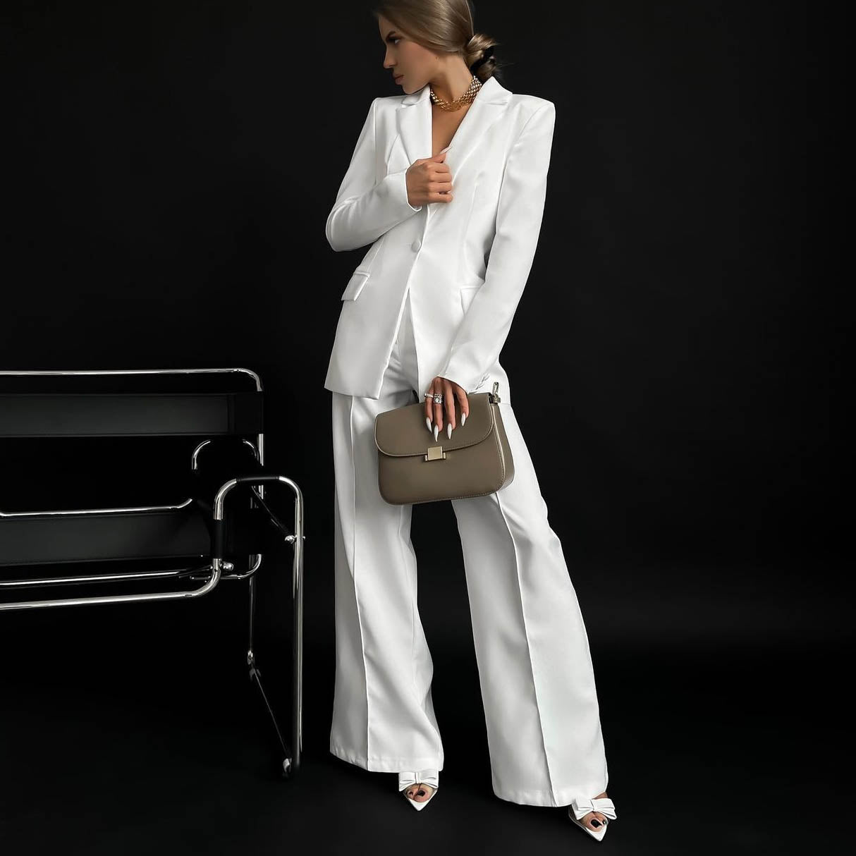 2023 Fashion Trends Blazer Outfits | Blazer Crop Top High Waist Wide Leg Pants Outfit 3-piece Set