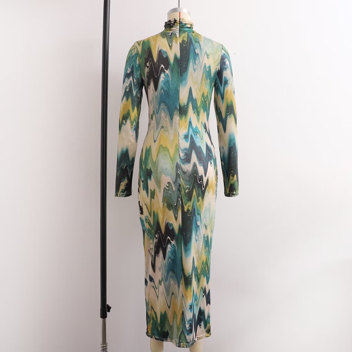 Elegant Dresses | Turtleneck Green & Yellow Aesthetic Long Dress