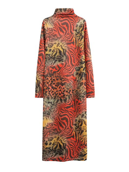 Elegant Dresses | Turtleneck Leopard Print Long Dress