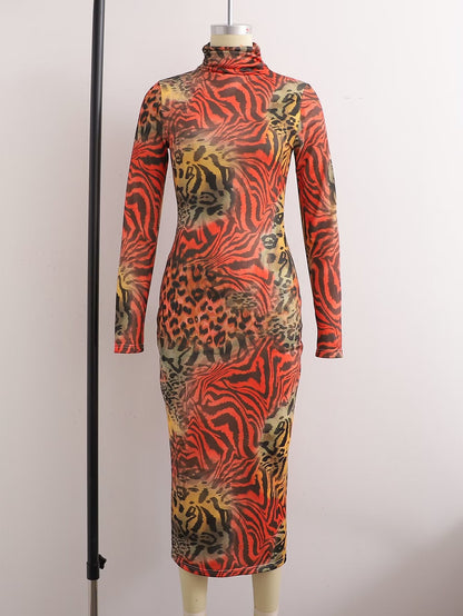 Elegant Dresses | Turtleneck Leopard Print Long Dress