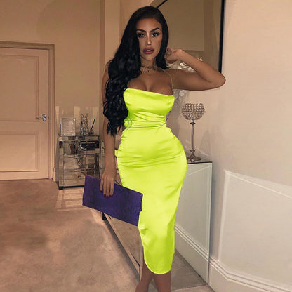 Spring Outfits 2023 | Neon Yellow Aesthetic Cowl Neck Silk Dress