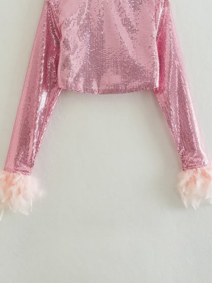 Summer Outfits | Light Pink Sequined Glitter and Feather Crop Top