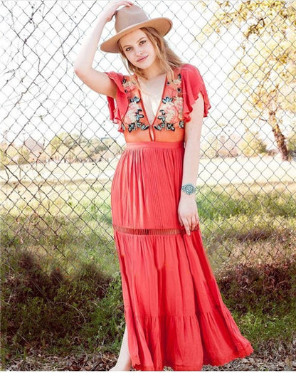 Vacation Outfits | Divine See Through Flower Embroidery Maxi Dress