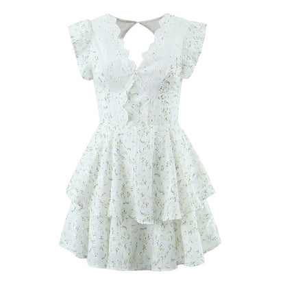 Summer Outfits | Retro French Ruffles Flounced Sleeve Lace Embroidered Tiered Mini Dress