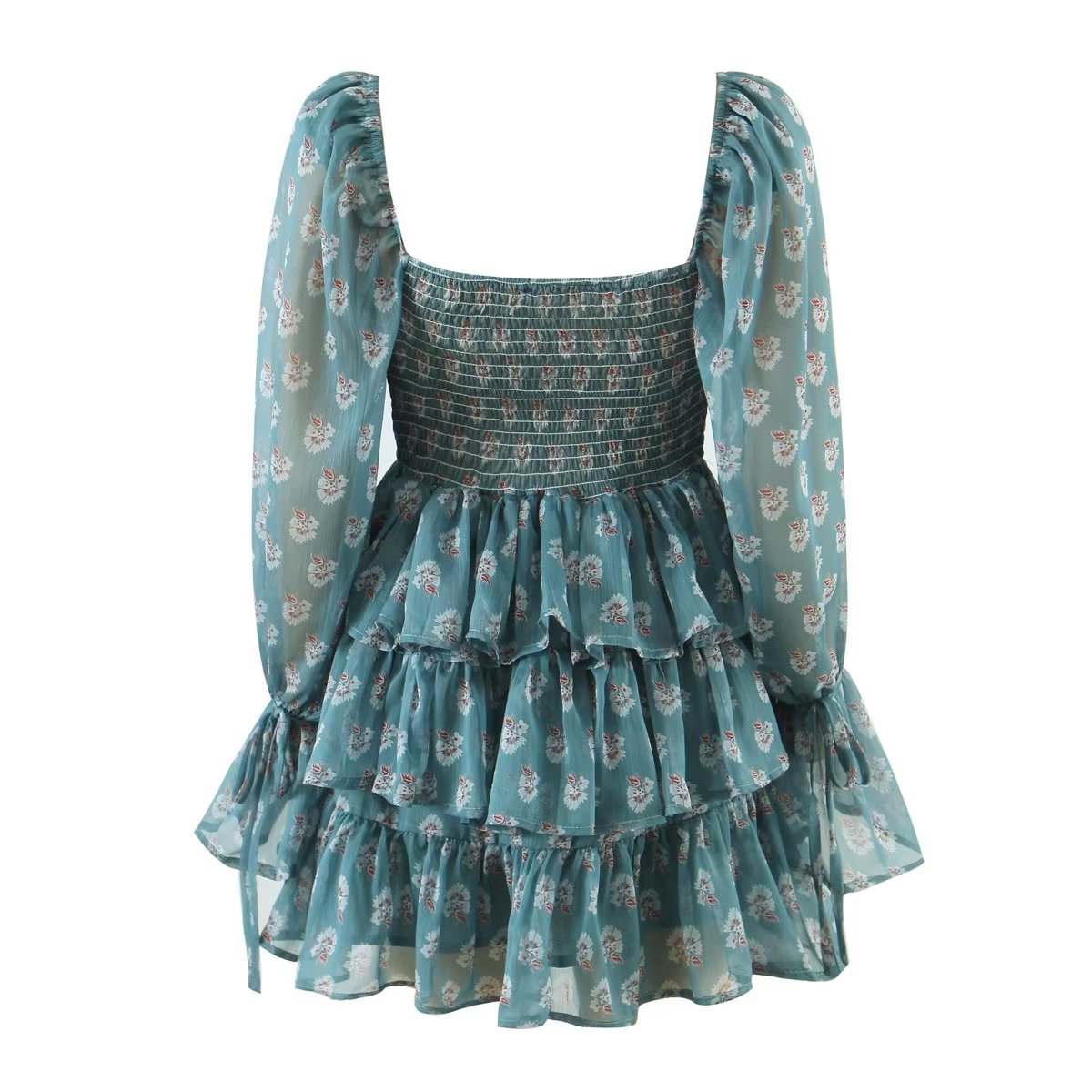 Spring Dresses 2023 | Elegant Floral Square Collar Puff Sleeve Chiffon Layers Tiered Mini Dress