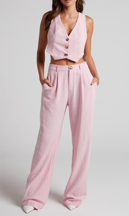 High Quality Pink Linen Womens Summer Outfit Sleeveless Two Piece Pants And  Vest And Pants Set Suit With Wide Leg 2023 Collection From Zanzibar, $20.08