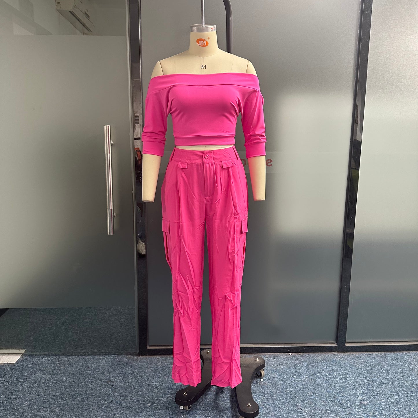 Summer Outfits | Hot Pink Casual Off Shoulder Crop Top High Waist Pants Outfit 2-piece set