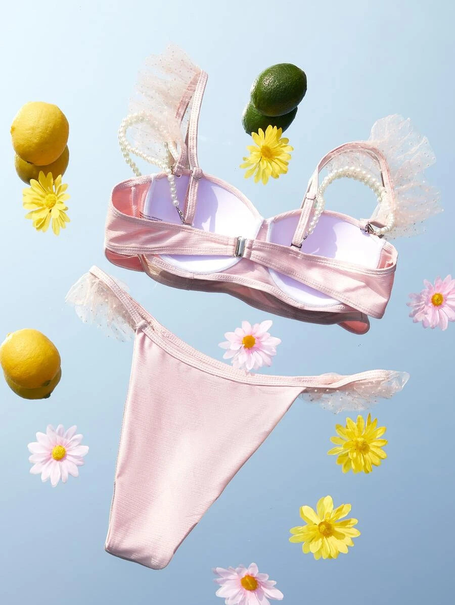 Bridal Summer Outfits | HoneyMoon Pearl Ruffles Bridal Bikini Swimsuit