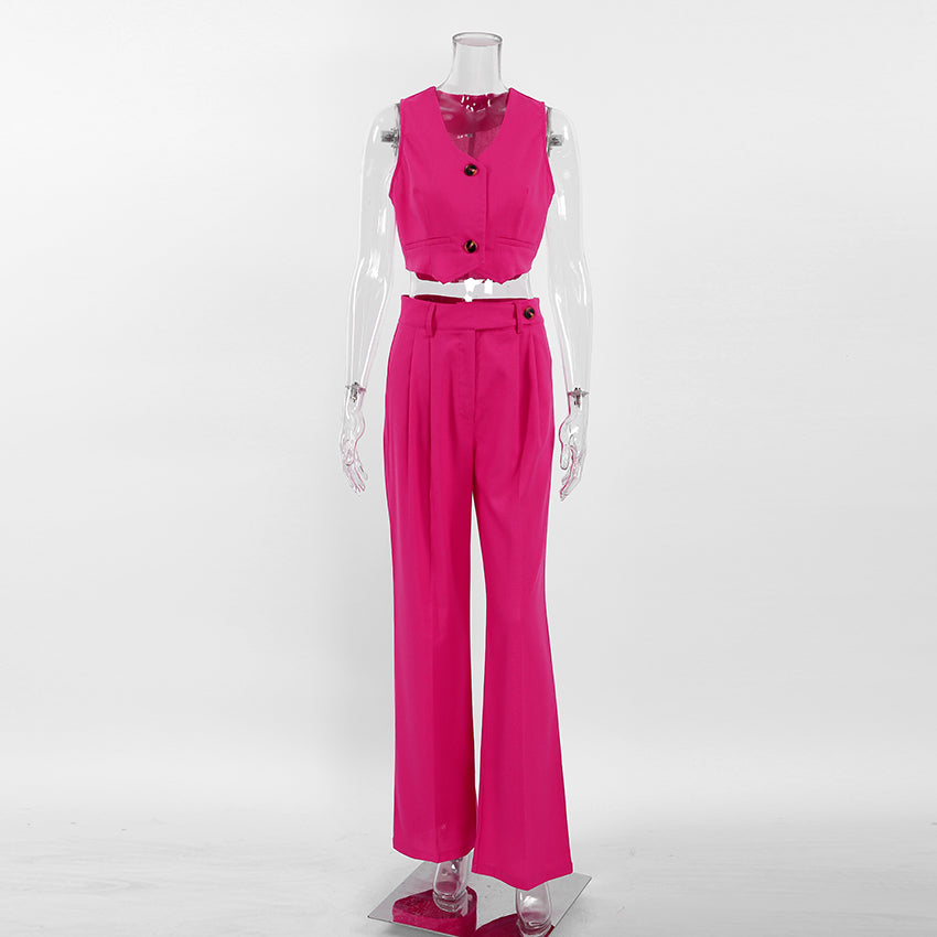 Summer Outfits | Hot Pink Aesthetic Cotton Linen Vest Straight Leg Trousers Outfit 2- Piece Set