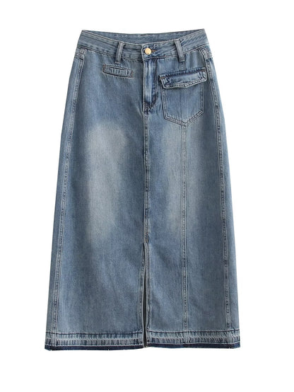 Spring Outfits  | Casual Slit Cotton High Waist Maxi Denim Skirt